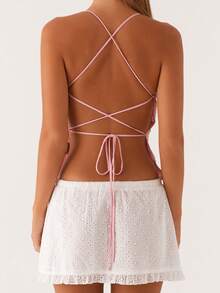 Women Y2k Sequin Cami Top Sexy V Neck Criss Cross Cute Sparkle Top Summer Going Out Tank Tops - Hồng - Xem 2