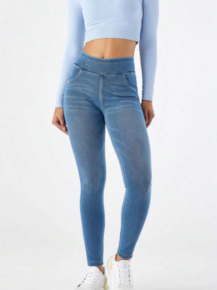 Jeggings For Women Tummy Control Pull On Stretchy Jeans High Waisted Skinny Jean Leggings With Pockets Casual - Light Blue - View 1