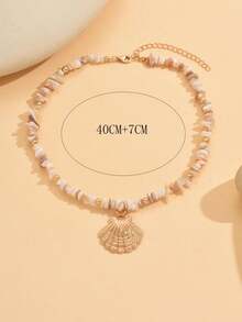1pc Handmade Natural Stone Bead Necklace, Fashionable Boho Style Metal Seashell Pendant, Suitable For Daily Wear, Beach Vacation, And Dates - Gold - View 5