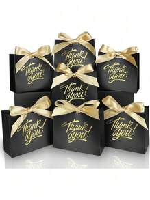 10pcs Small Thank You Gift Bags, Party Favor Bags Boxes With Bow Ribbon, Small Paper Gift Bags With Gold Foil Printed, Mini Candy Treat Bags For Birthday Wedding Party Holiday