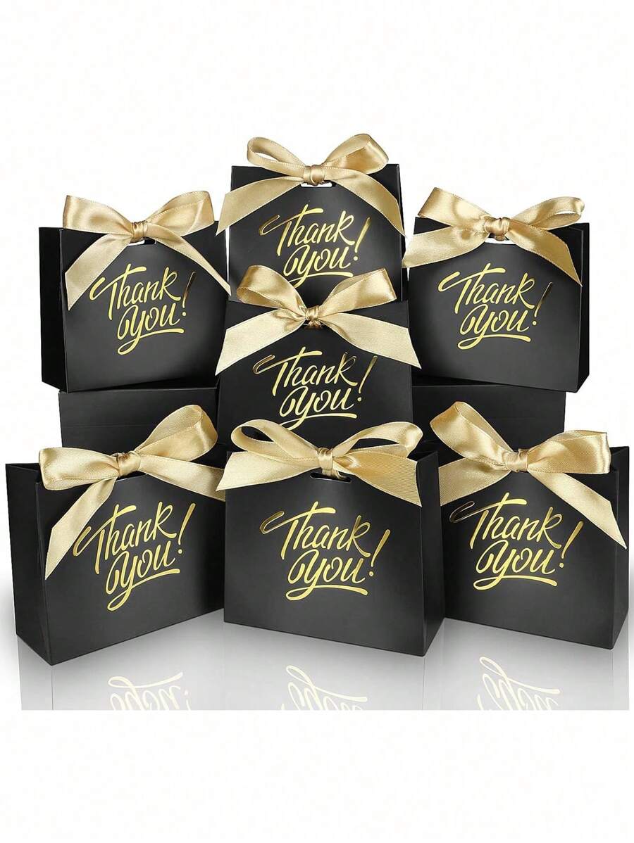 10pcs Small Thank You Gift Bags, Party Favor Bags Boxes With Bow Ribbon, Small Paper Gift Bags With Gold Foil Printed, Mini Candy Treat Bags For Birthday Wedding Party Holiday