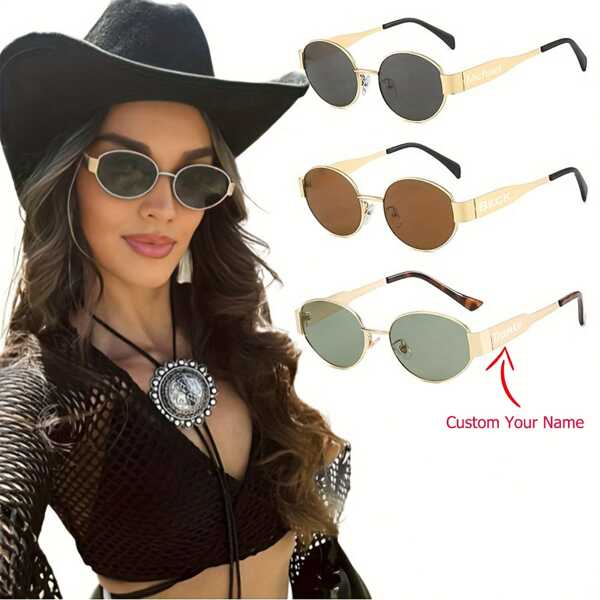 Óculos de Moda Oval Vintage de Olho de Gato Personalizados, Armação de Metal com Lentes de PC, Acessório Decorativo para Uso Diário e Festas, Opção de Presente Ideal, Óculos Personalizados de Moda Novidade com Nome Personalizado para Presente