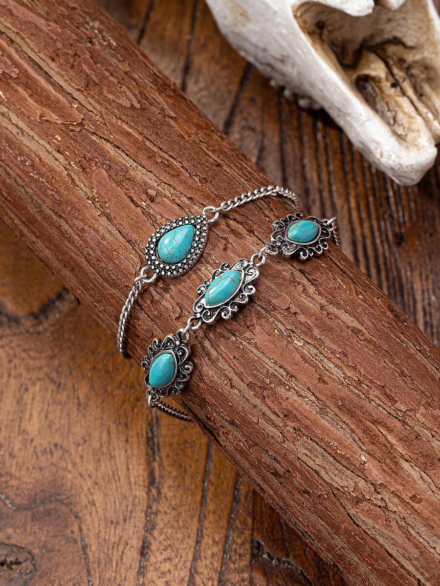 2 Pieces Turquoise Stone Western Style Chain Bracelets Set For Women - Multicolor - View 1