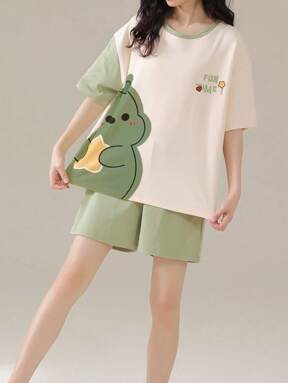 AICJ 2pcs/Set Casual And Simple Women's Homewear, Round Neck Short Sleeve T-Shirt And Shorts Pajama Set, Cartoon Cute Monster Print, Ideal For Mother's Day, Valentine's Day, And New Year Gifts,Two Pieces Set