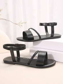 Plus Size Women Woven Open Toe Comfy Slip-On Flat Leather Slippers/Sandals, Casual Stylish Outdoor Beach Shoes, Summer