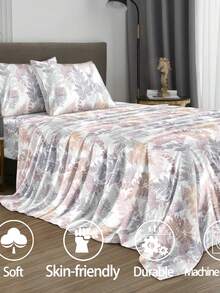 4 件紫色植物叶花朵图案床单套装床上用品套装，1 件床笠和 1 件床单和 2 件枕套床上用品床垫保护套（不包括枕芯）豪华床笠套装特大号双人床全尺寸床单深口袋最大 11.8 英寸枕套，柔软透气防皱，更适合睡眠，豪华酒店风格，送给妈妈爸爸朋友农舍床上用品套装的礼物