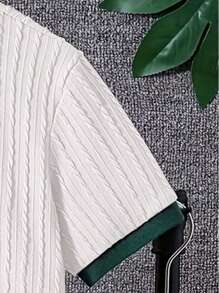 Set de 2 piezas de chándal informal para hombre, tejido de punto acanalado de color contrastante, suave y cómodo, conjunto de top y pantalones cortos esenciales, estilo minimalista elegante