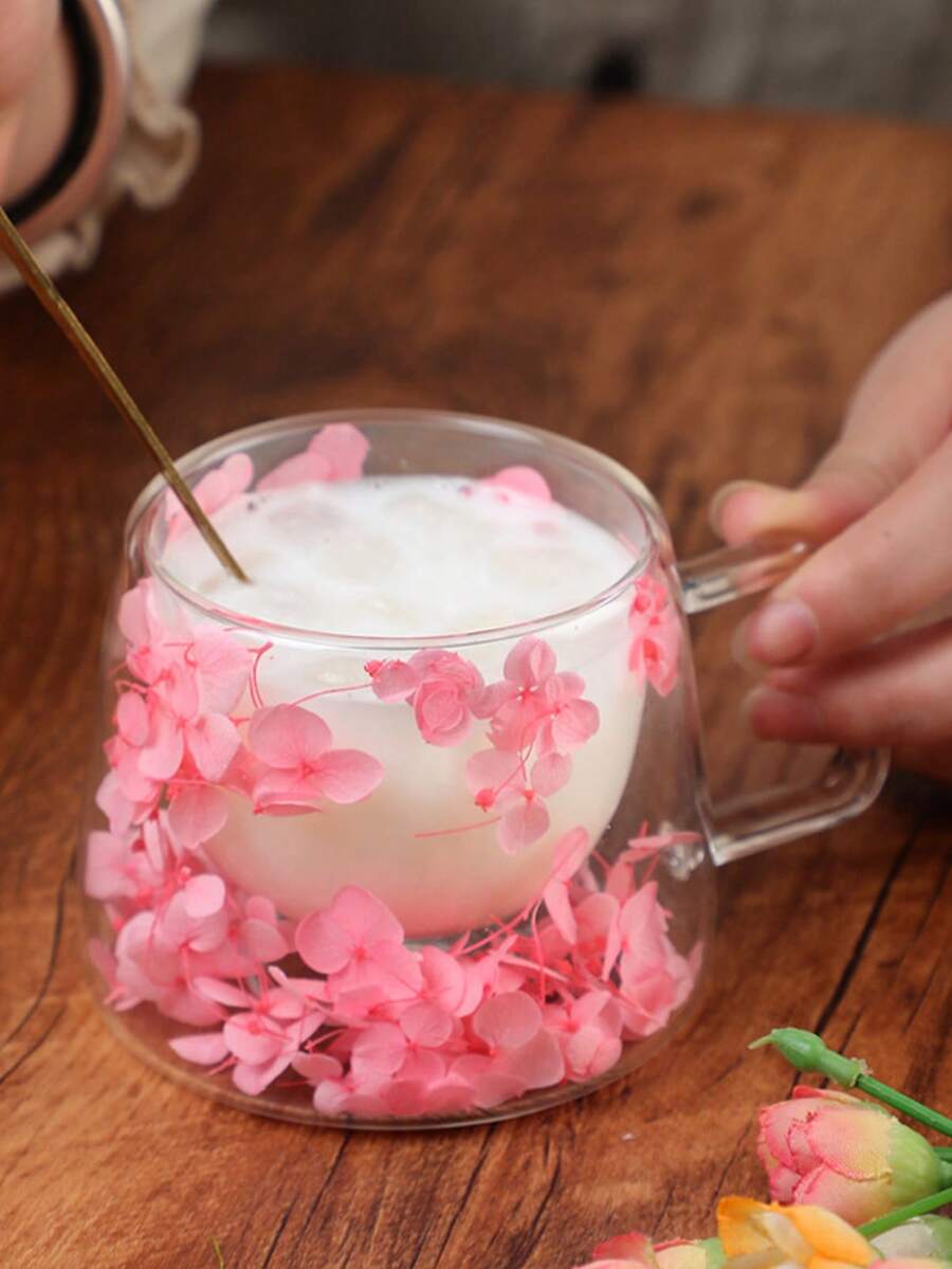 1 Pc,Double Wall Glass Cup,Petal Decoration,Creative Water Cup,Coffee Cup,Tea Cup,Milk Cup,Juice Cup,Insulated,Fresh,Aesthetic,Unique Design,Photo Props,Great Gift,Birthday Gift,Holiday Gift,For Bestie,For Friends,For Colleague,Enhance Your Life Style,Brighten Your Desk