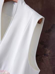 Fashionable V-Neck Sleeveless Chinese Style Suit Vest Jacket, Elegant Button Decorated Waistcoat Crop Top - Embroidered Phoenix Pattern, Solid Color, Side Slit - Suitable For All Seasons, Elegant Special Edition, Traditional Version, Suitable For Women, Casual / Daily / Office / Work / Occasions - White - View 4