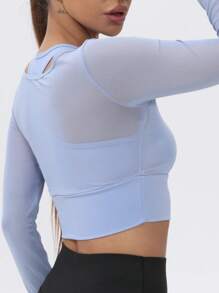 1pc Women Mesh Long Sleeve Cropped Yoga Sports T-Shirt With Built-In Bra Pad