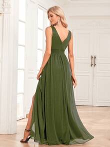 夏季V领无袖雪纺A字伴娘礼服，优雅派对礼服，婚礼宾客礼服，生日礼服，毕业典礼、晚宴、嘉年华服装 - 橄欖綠 - 查看 3