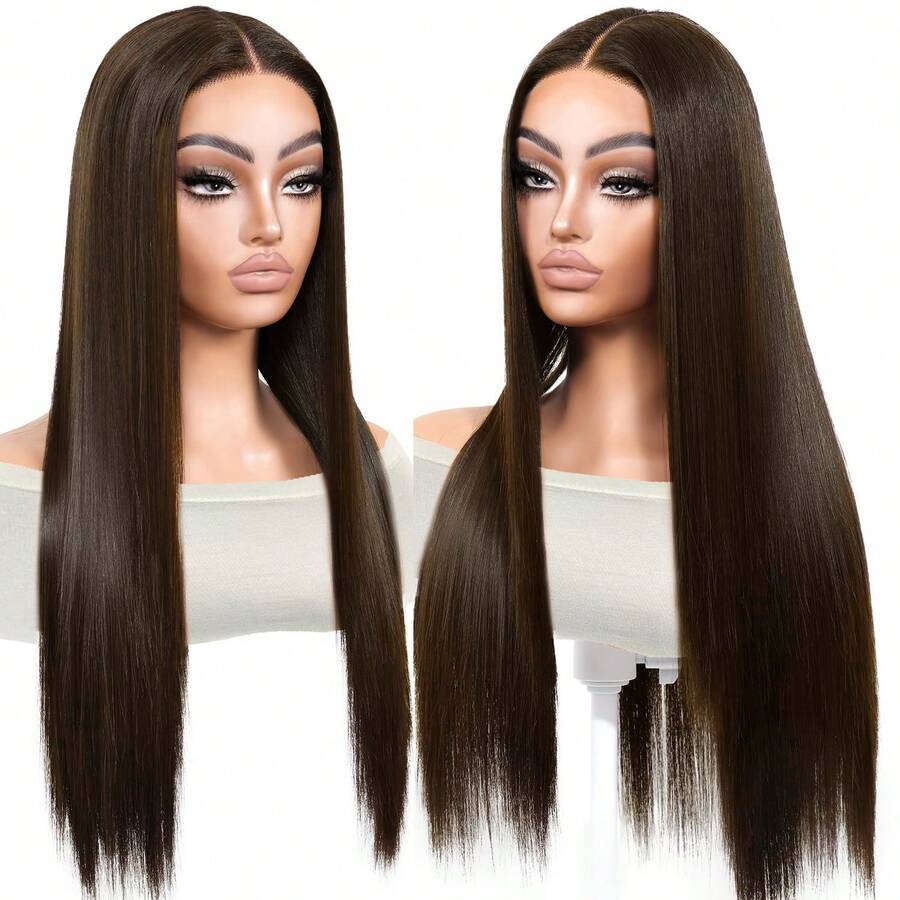 Dark Black 13x4 Straight HD Lace Front Wig Pre-Plucked Long Straight 28inch Lace Front Wigs Synthetic Wear And Go Lace Front Wigs Daily Use - 黑棕色 - 查看 1