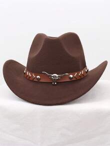 1 Men's Polyester Western Cowboy Hat, Unisex Vintage Style Hat, Bull Shape Decoration, Suitable For Daily Casual Wear, Western Cowboy Party, Bar Cowboy (One Size Fits All)