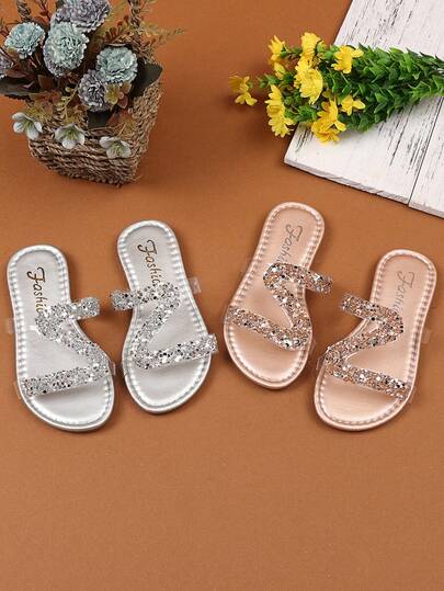 1 pereche de sandale PU transparente strălucitoare pentru copii mici/fete mici, argintii, cu decor cu paiete în formă de S, vârf deschis, stil roman drăguț, potrivite pentru fete de 3-12 ani, ocazional, petrecere, plajă, primăvară/vară