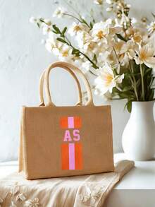 1pc Customized Canvas Tote Bag, Summer Linen Handbag, Ladies Personalized Shopping Bag, Commute School Travel Large Capacity Shoulder Bag, Suitable For Daily Outfit - Khaki - View 3