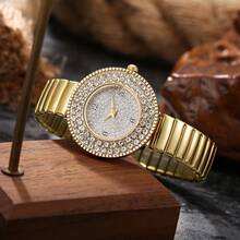 1 件女士优雅全钻石金色/银色弹性表带手表，方便日常佩戴 - 均碼 - 查看 1