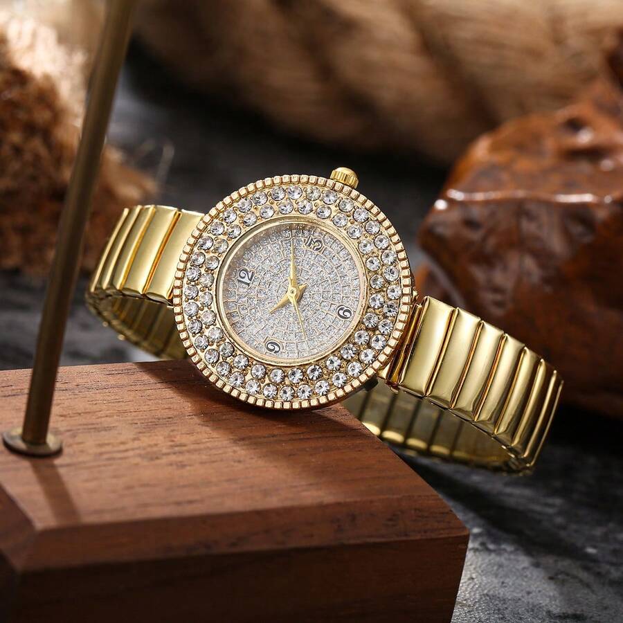 1 件女士优雅全钻石金色/银色弹性表带手表，方便日常佩戴 - 均碼 - 查看 1