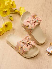 1 Pair Girls' Spring/Summer New Comfortable Fashion Casual Bow Tie Pink Polka Dot Design Soft Flat Stylish Princess Slippers - Pink - View 1