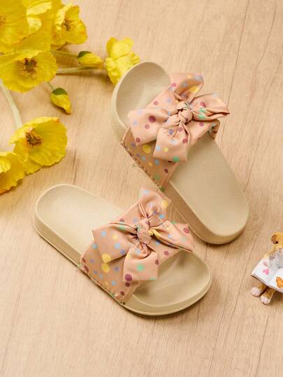 1 Pair Girls' Spring/Summer New Comfortable Fashion Casual Bow Tie Pink Polka Dot Design Soft Flat Stylish Princess Slippers