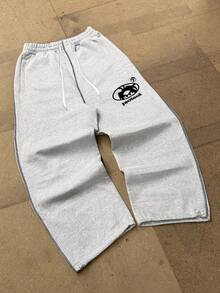 Men's Casual Printed Fashionable Versatile Sporty Sweatpants With Adjustable Leg Opening Drawstring, Straight Leg - Grey - View 1