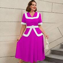 AOMEI Plus Size Elegant 1950 Swing Dress Pink White Color Blocking Patchwork Belly Cover Curve, Party Dress, For Cocktail
