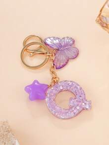1 Pc Creative Key Chain With Letter Stone Resin Pendant, Butterfly Tassel Letter Keychain For Girl - Purple - View 19