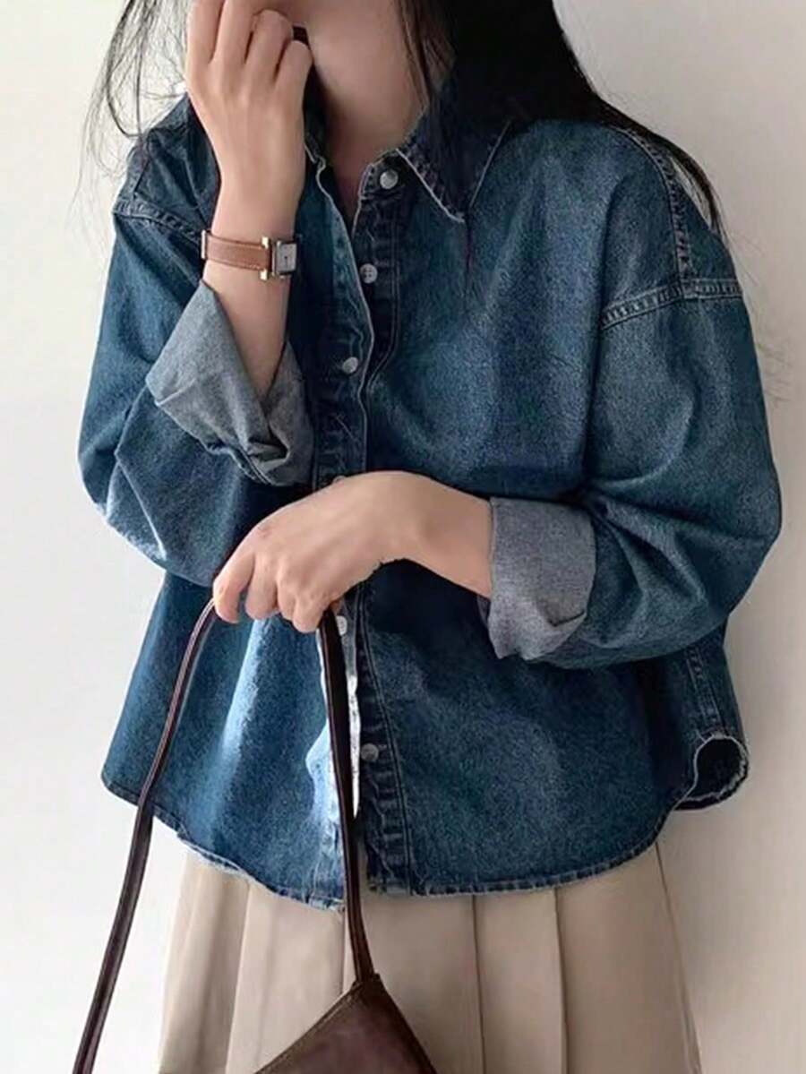 Women's Korean Style Retro Denim Shirt, French Collar Loose Casual Jacket