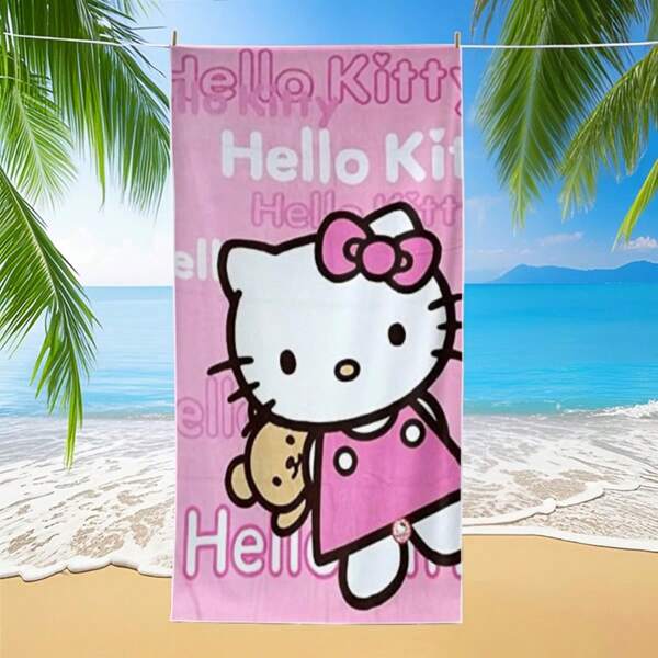Sanrio 1pc Oversized Sanrio Hello Kitty Beach Towel - Quick Drying, Ultralight Microfiber With Pink Heart Pattern, Perfect For Travel, Camping, Swimming And Yoga