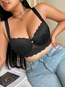 Plus Size Women Lace Patchwork Supportive Underwire Bra, Lift - Black - View 5
