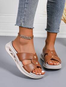 2025 New Women's Summer Sports Sandals - Lightweight Open Toe Cushioned Shock Absorbing, Solid Color Criss-Cross Strap Thick Sole Casual Slippers, Suitable For Beach Vacation In Spring & Summer, Bottom Hollow Design Water Shoes - Camel - View 5