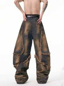1pc American Retro Hip Hop Distressed Patchwork Frayed Hem Loose Casual Straight Leg Jeans, High Street Style Men's Cargo Pants
