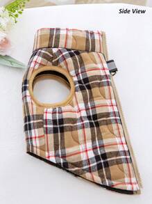 1pc Khaki Flannel Plaid Gourd Quilted Dog Coat With Back Zipper, Washable Pet Jacket Suitable For Large, Medium And Small Dogs, For Home Or Outdoor Wear