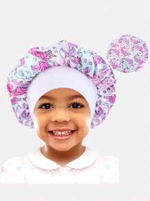 1 pieza Gorro de satén de ala ancha con diseño elástico de dibujos animados para niños, adecuado para uso diario