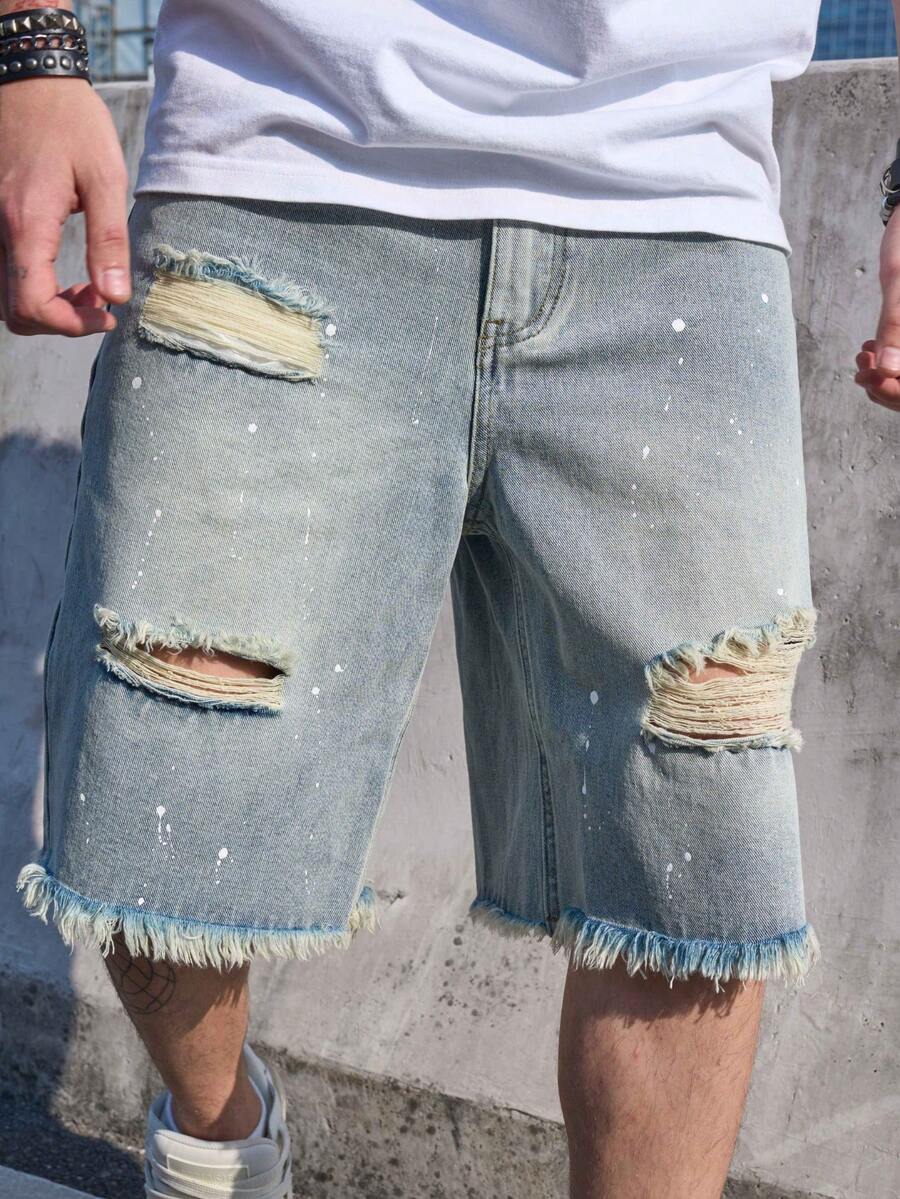 Pantalones cortos de mezclilla desgastados y con borde crudo para hombres, corte casual y holgado hasta la rodilla, de moda para el verano - Azul menta - Ver 1