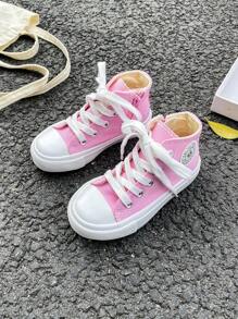 OPOEE White Canvas Shoes For Toddlers, Mid-Top Sneakers, Children's Casual Lace-Up Canvas Shoes, Korean Style, Boy & Girl, Spring/Autumn, Classic High-Top Canvas Sneakers, Versatile, Casual Sport & Skateboard Shoes For Kids