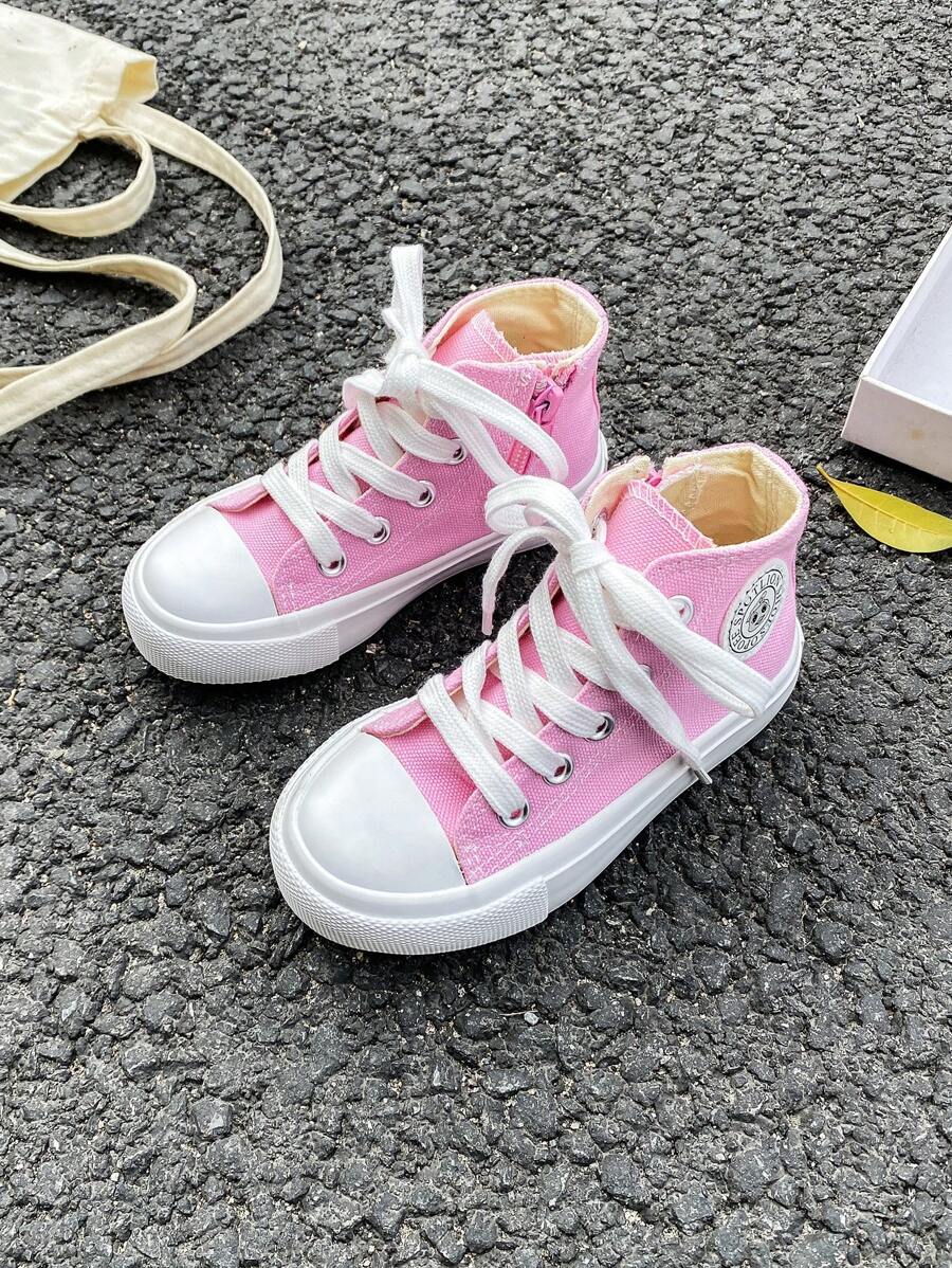 OPOEE White Canvas Shoes For Toddlers, Mid-Top Sneakers, Children's Casual Lace-Up Canvas Shoes, Korean Style, Boy & Girl, Spring/Autumn, Classic High-Top Canvas Sneakers, Versatile, Casual Sport & Skateboard Shoes For Kids