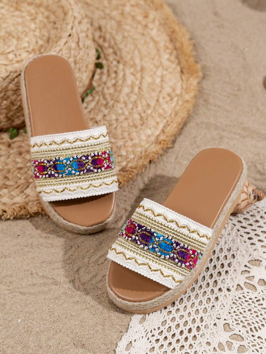 1 Pair Girls Colorful Wide Strap Thick Sole Casual Beach Slip-On Sandals, Fashionable For Daily Wear, Vacation - Beige - View 1