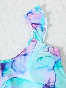 Tween Girls' Random Floral Print Ruffle Shoulder Tankini Swimsuit Set - Multicolor - View 4