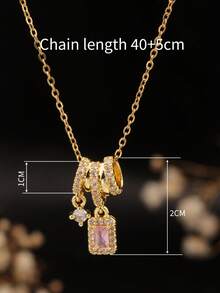 1pc 18K Gold Stainless Steel Chain Tassel Square Pendant Necklace For Women, Sweet & Chic Minimalist Design, Suitable For Daily Office Wear, Gift