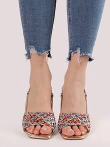 PU SANDAL WITH TWO-TONE WEAVING, 9CM HIGH HEEL Summer Sandals For Women - Multicolor - View 2