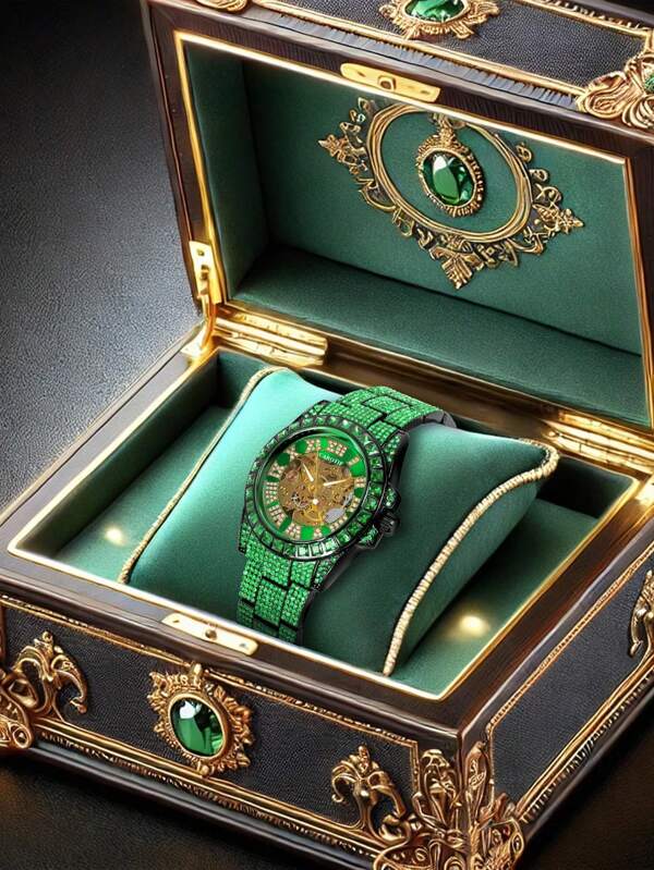 1 pieza Reloj de pulsera automático y mecánico de negocios con diseño hueco luminoso y correa de acero verde para hombre