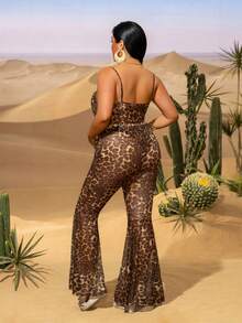 Plus Chic Leopard Print Cami Romper & Flared Pants Set – Summer Outfit For Street Style, Poolside Evenings & Stylish Urban Outings - Brown - View 2