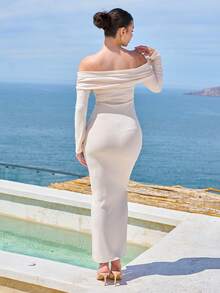 Andrea Bello 女士优雅褶皱露肩喇叭袖紧身连衣裙，适合通勤、秋冬季