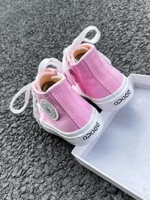 OPOEE White Canvas Shoes For Toddlers, Mid-Top Sneakers, Children's Casual Lace-Up Canvas Shoes, Korean Style, Boy & Girl, Spring/Autumn, Classic High-Top Canvas Sneakers, Versatile, Casual Sport & Skateboard Shoes For Kids