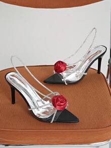 Strap Pointed Toe Rhinestone Rose Flower Embellished Stiletto High Heel Sandals, Summer 2025 - Black - View 7