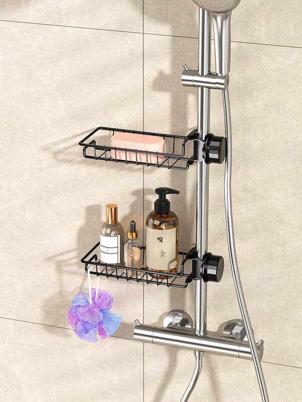Shower Room Storage Rack And Soap Holder, Which Can Be Installed On The Shower Rod, With Adjustable Height, And Can Hold Body Wash, Shampoo, And Soap.