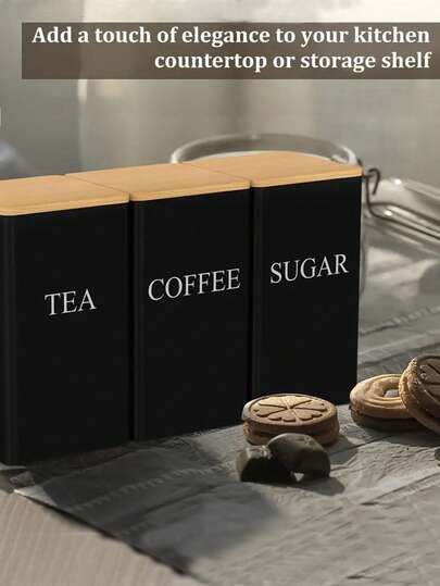 1 Set Of Modern Design Stylish Wooden Lid Iron Coffee Sugar Tea Can Storage Set - Sealed Square Storage For Coffee And Tea - Wooden Lid Kitchen Organizer - Coffee Tea Can - Kitchen Storage Can - Metal Can With Wooden Lid - Kitchen Storage Set - Modern Kitchen Can - Coffee Sugar Tea Can Durable Storage Display Can, Easy To Organize, For Outdoor, Camping