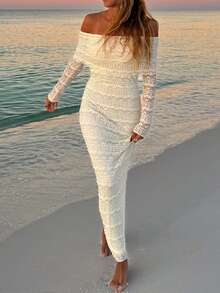 1 Pc Off Shoulder Long Sleeve Form-Fitting Sexy Minimalist Sexy Mini Dress - Apricot - View 4