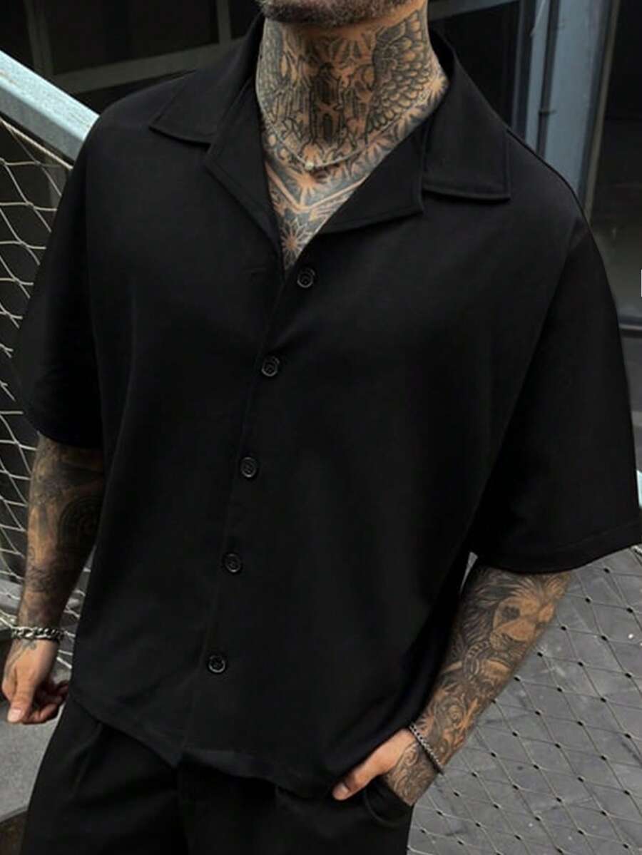 Men's Lightweight Solid Color Short Sleeve Casual Collared Shirt, Fashion Versatile Blouse For Summer - Black - View 1