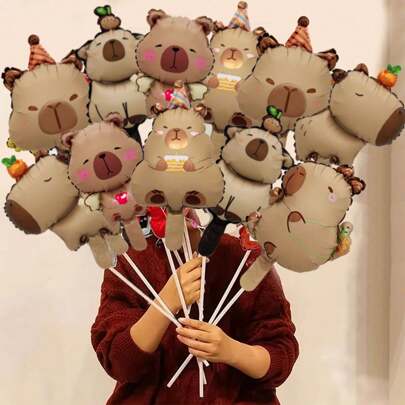 10pcs/Set Mini Capybara Themed Aluminum Foil Balloon Set, Random Styles, Suitable For Birthday Party Decoration